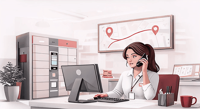 Support agent on a phone call at her desk with a parcel locker and delivery map behind her