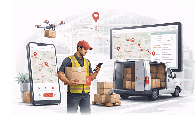 Courier holding parcels and a phone beside a van, live route maps and a delivery drone