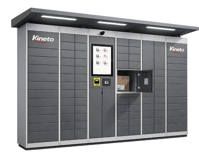 Kineto outdoor parcel locker with canopy, touchscreen and an open compartment holding a parcel