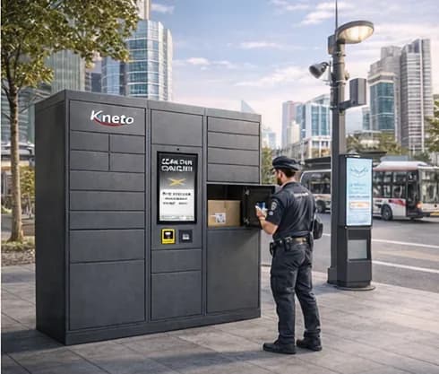 Kineto parcel locker on a city street with a uniformed worker opening a compartment