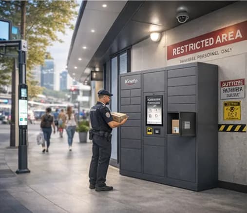 Security officer using a Kineto parcel locker at a restricted secure area