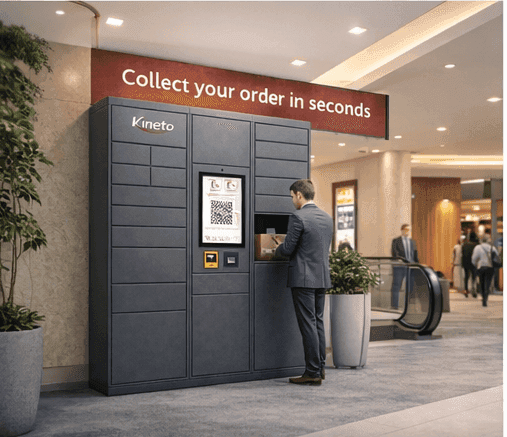 Shopper collecting an order from a Kineto parcel locker in a shopping mall