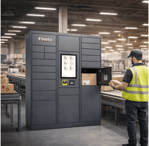 Courier in a safety vest loading a Kineto parcel locker in a warehouse