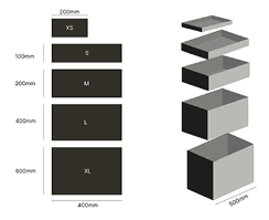 Smart locker compartment sizes XS to XL with their height, width and depth