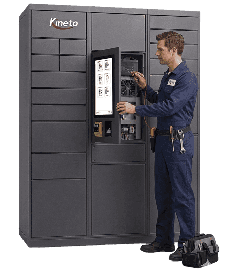 Technician servicing a Kineto smart locker through its front maintenance panel