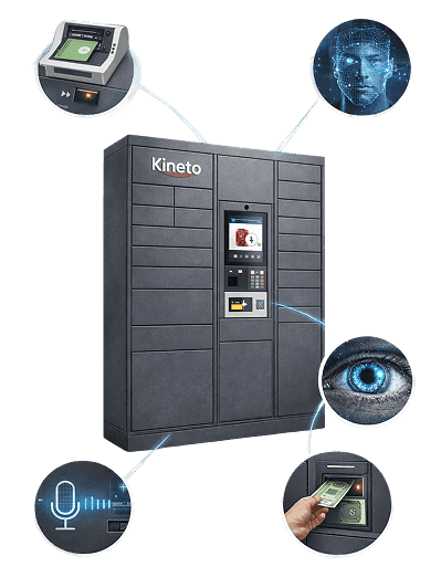 Kineto smart locker with card reader, face and iris recognition, voice and cash modules