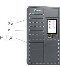 Kineto smart locker with XS, S and M to XL compartment sizes labelled