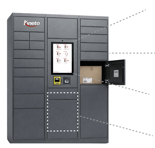 Kineto smart parcel locker with touchscreen, scanner and an open parcel compartment