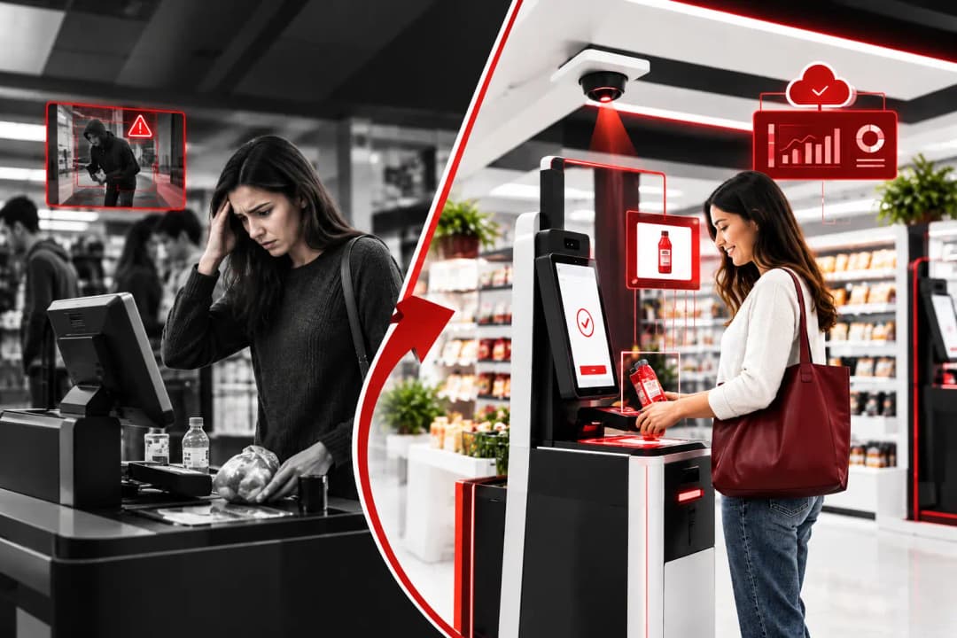 Frustrated shopper at a traditional self-checkout next to a smiling shopper using a smart unattended retail kiosk