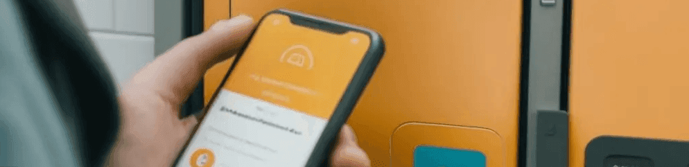 Person unlocking an orange smart locker with a smartphone app