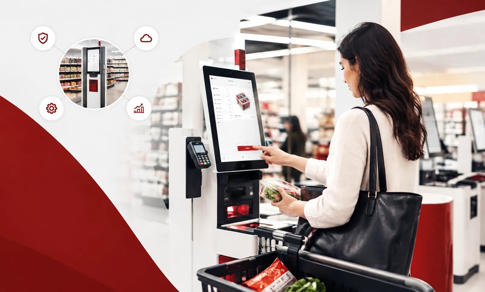 Shopper paying at a smart self-checkout kiosk with a card terminal in a modern supermarket