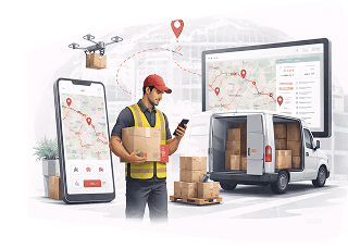 Courier with parcels beside a delivery van, route tracking app and drone for last-mile delivery