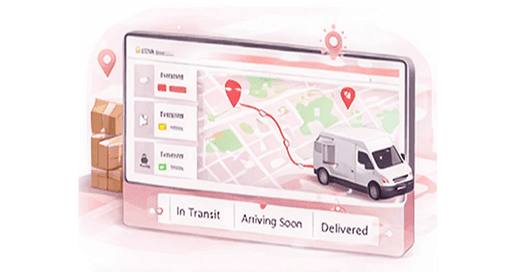 Live map tracking a delivery van with in transit, arriving soon and delivered statuses
