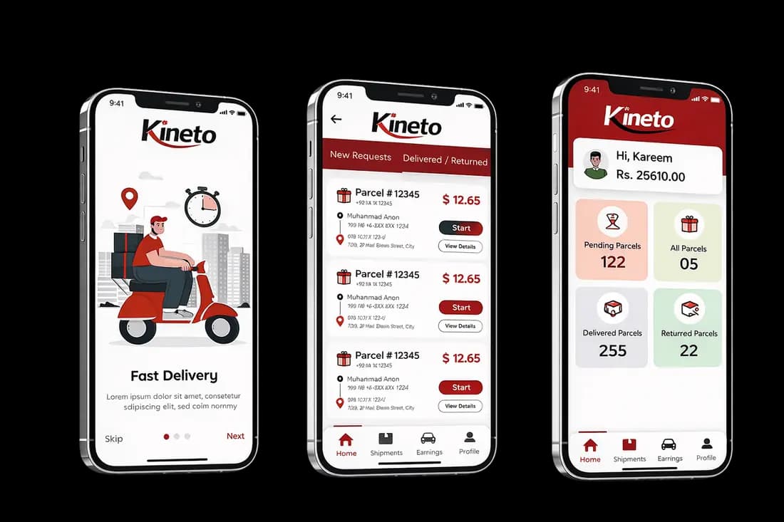 Kineto driver app screens showing onboarding, parcel delivery requests and an earnings dashboard