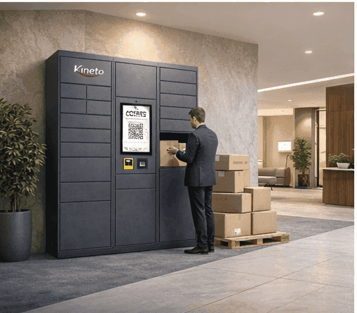 Man collecting a parcel from a Kineto parcel locker in an office lobby