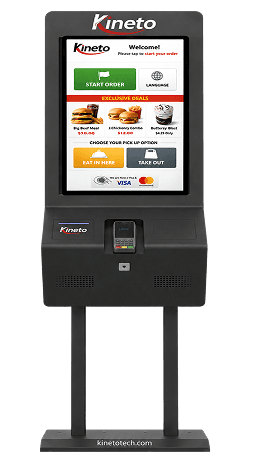 Kineto self-ordering kiosk showing a restaurant menu with dine-in and takeaway options