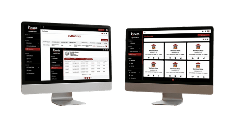 Kineto warehouse management portal showing warehouse lists on two desktop screens