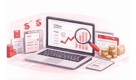 Laptop with revenue charts under a magnifier, coins and invoices for pricing and billing