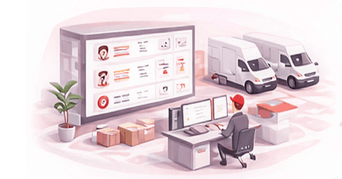 Dispatcher at a desk managing driver profiles on a large screen beside delivery vans