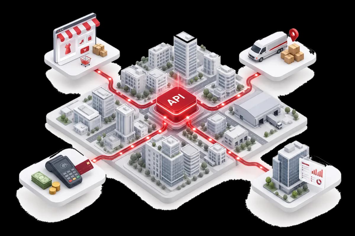 API hub at the centre of a city route network linking ecommerce, couriers, payments and ERP