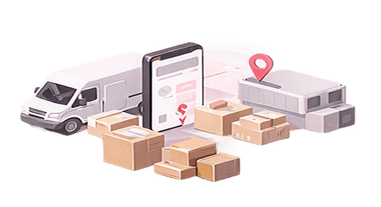 Delivery van, parcels, smartphone tracking app and parcel lockers for last mile delivery