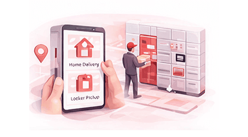 Phone offering home delivery or locker pickup while a courier loads a parcel locker