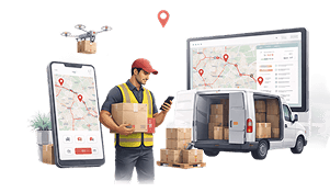Courier with parcels using a delivery app beside a van, drone and route tracking dashboard