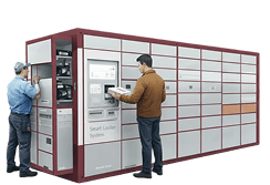 Courier loading a Kineto smart locker while a customer uses its touchscreen