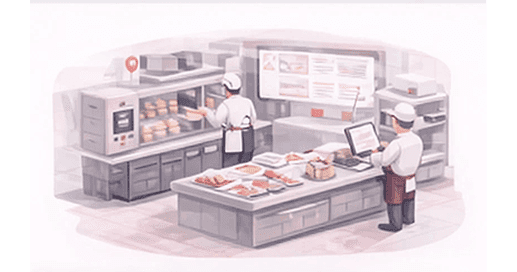 Chefs preparing orders in a restaurant kitchen with a display screen and tablet