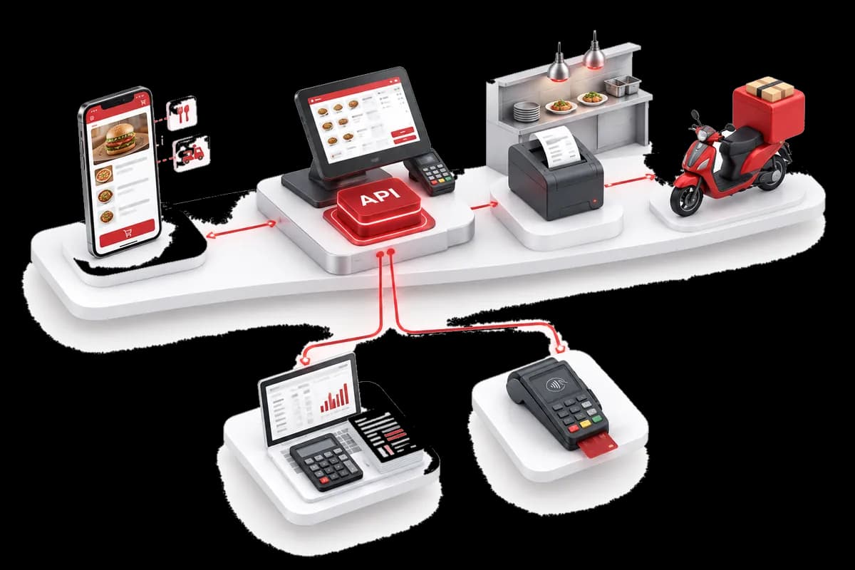 Restaurant API hub linking online ordering, POS, kitchen printer, delivery, accounting and card payments