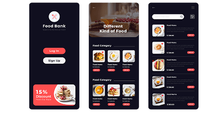 Restaurant customer app screens for login, food categories and menu ordering