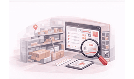 Storeroom shelves with a stock management screen under a magnifying glass and a tablet