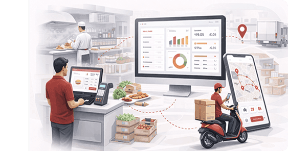 Restaurant kitchen, cashier at a POS, analytics dashboard and delivery rider tracked on a map