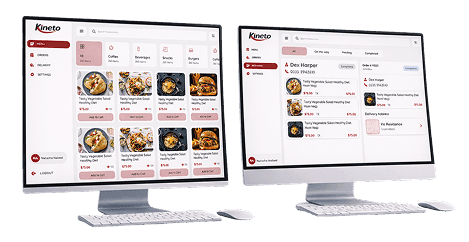 Kineto restaurant POS screens for menu selection, billing and delivery orders