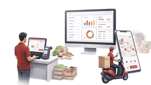 Staff member using a POS with an analytics dashboard and a delivery rider tracked on a phone