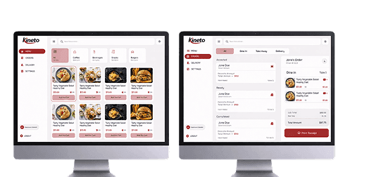 Kineto restaurant POS screens showing the food menu and the dine-in order queue