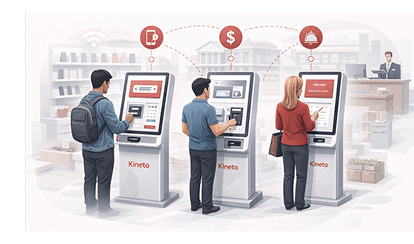 Customers ordering and paying at Kineto self-service kiosks