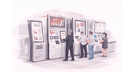 Customers placing orders at a row of self-service ordering kiosks