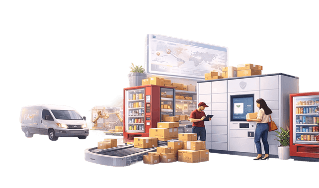 Vending machines, smart lockers, conveyor parcels and a delivery van for connected commerce