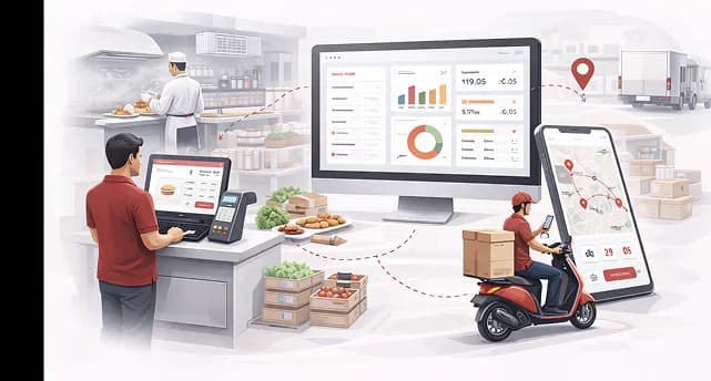 Restaurant POS, kitchen, sales dashboard and a courier delivering orders by scooter