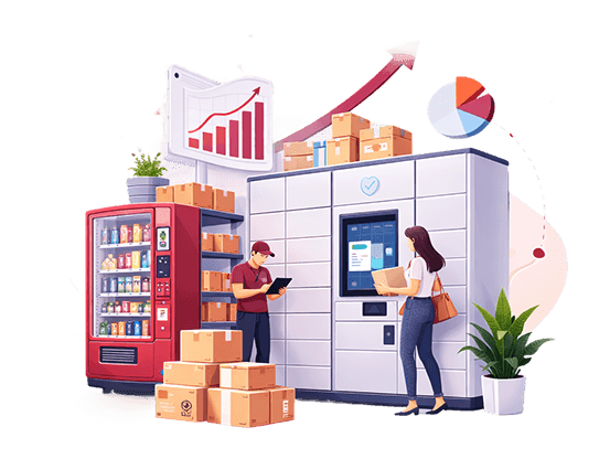 Parcel locker and vending machine in use with rising revenue charts showing monetization potential