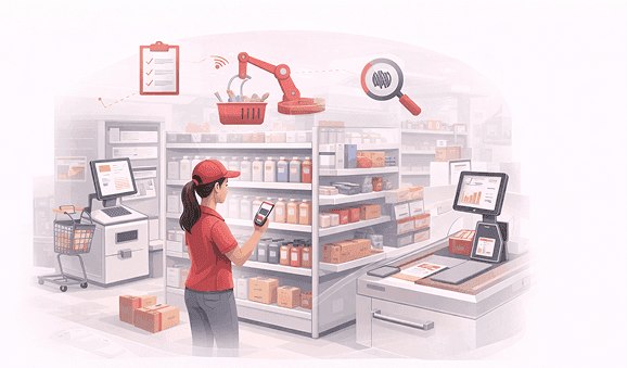 Supermarket worker scanning stock with smart checkout and automated inventory tracking