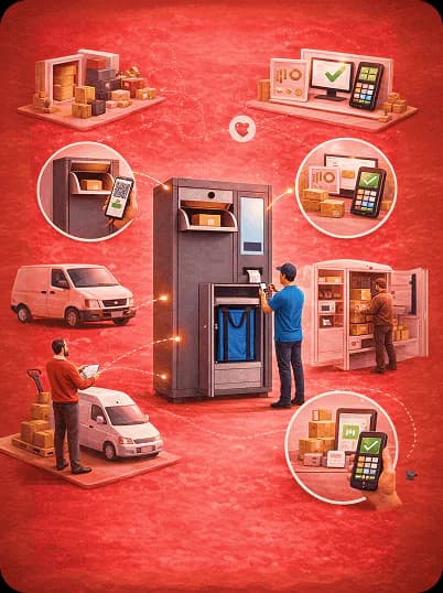 Drop box locker at the center of courier pickup, returns drop-off and mobile confirmation steps