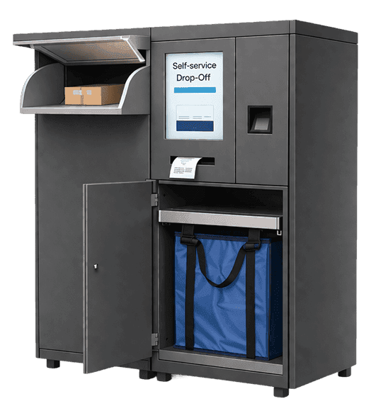 Self-service drop box locker with parcel chute, touchscreen, label printer and collection bag