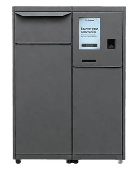 Gray self-service drop box locker with deposit chute, touchscreen and scanner
