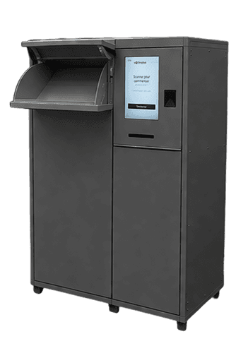 Kineto drop box locker with the drop-off chute open, touchscreen and card reader