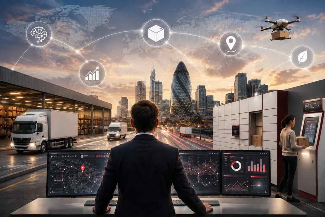 Logistics manager watching delivery dashboards over a London skyline with trucks, drone and lockers