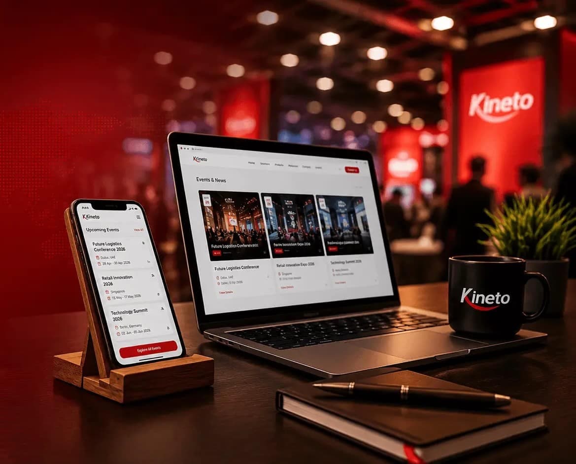Laptop and phone showing Kineto upcoming events on a desk at a trade show