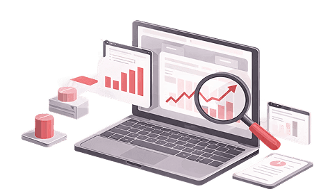 Laptop with charts under a magnifying glass illustrating data analytics and reporting