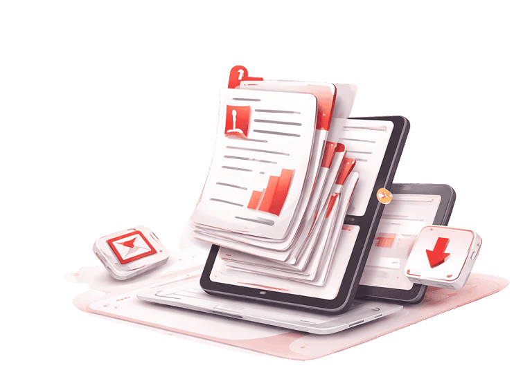 Stack of brochures and reports on a tablet and laptop with download and email icons